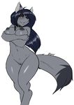  black_hair breasts canine collar female fur grey_fur hair looking_at_viewer mammal nipples nude one_eye_closed one_eyes_closed pussy smile solo wide_hips wolf 