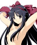  armpits arms_up black_hair blush bow breasts gloves hair_bow hair_censor hair_over_breasts highres hirowa_nagi long_hair nakoruru purple_eyes red_bow ribbon samurai_spirits sidelocks simple_background small_breasts smile solo sweat sweatdrop upper_body white_background 