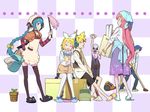  4girls apron aqua_eyes aqua_hair between_legs black_legwear blonde_hair bow box braid broom brother_and_sister brown_hair bucket checkered checkered_background cleaning closed_eyes drooling duster dustpan hair_bow hand_on_hip hatsune_miku headphones holding kagamine_len kagamine_rin kaito long_hair megurine_luka meiko mop multiple_boys multiple_girls necktie open_mouth pink_hair plant pleated_skirt rag scrunchie shiwasu_takashi short_hair shorts siblings single_braid sitting skirt slippers smile socks striped thighhighs twins vacuum_cleaner very_long_hair vocaloid white_legwear 