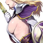  armor belt blonde_hair blush breasts capelet close-up dress elbow_gloves from_side gem gloves halterneck head_out_of_frame holding large_breasts lips long_hair misonou_hirokichi no_bra nose_blush open_mouth pauldrons shield shiny shiny_skin sideboob simple_background solo sophitia_alexandra soulcalibur strap strap_gap sword torn_clothes turtleneck upper_body weapon white_background white_gloves 