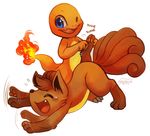  ambiguous_gender blue_eyes brown_fur charmander cute duo feral fire flaming_tail fur happy haychel laugh multiple_tails nintendo open_mouth plain_background pok&#233;mon pok&eacute;mon tails tears teeth tickling tooth video_games vulpix white_background 