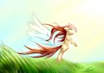  brown_hair cutie_mark equine female feral grass hair half-closed_eyes hi_res horse mammal my_little_pony original_character outside pegasus pony rayhiros shaded signature sky smile solo spread_wings wings 