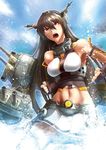  abs black_hair breasts clenched_hands collarbone didloaded fingerless_gloves gloves hairband headgear kantai_collection large_breasts long_hair midriff miniskirt nagato_(kantai_collection) navel open_mouth pleated_skirt red_eyes skirt solo turret uvula very_long_hair water water_drop 