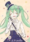  39 aqua_eyes aqua_hair character_name choco_holic hat hatsune_miku long_hair microphone smile solo top_hat twintails vocaloid 