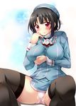  black_hair black_legwear blush breasts hat kantai_collection large_breasts looking_at_viewer panties pink_panties red_eyes short_hair solo takao_(kantai_collection) tekehiro thighhighs thighs underwear 