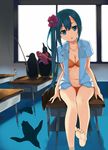  :o aqua_hair barefoot bikini bird blue_eyes classroom desk feet fish fishing fishing_rod flood flower hair_flower hair_ornament head_tilt hibiscus long_hair looking_at_viewer navel on_desk open_clothes open_mouth open_shirt orange_bikini original penguin school_desk shirt sitting sitting_on_desk soaking_feet solo swimsuit unasaka_ryou water 