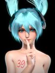  39 3d black_background blue_eyes blue_hair finger_to_mouth hatsune_miku hatsune_miku_(append) ikedan long_hair nude realistic shushing solo twintails upper_body vocaloid vocaloid_append 