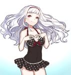  black_swimsuit breast_suppress breasts casual_one-piece_swimsuit cleavage cowboy_shot floating_hair grey_hair hairband halterneck hands_on_own_chest idolmaster idolmaster_(classic) long_hair medium_breasts mimizubare one-piece_swimsuit polka_dot polka_dot_swimsuit purple_eyes shijou_takane simple_background smile solo swimsuit swimsuit_skirt 
