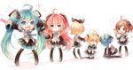  4girls ahoge all_fours alternate_hairstyle blonde_hair boots brown_eyes brown_hair chibi comb cosplay covering_face crossdressing detached_sleeves flying_sweatdrops food green_eyes green_hair hair_ribbon hatsune_miku hatsune_miku_(cosplay) headphones highres ice_cream ice_cream_cone kagamine_len kagamine_rin kaito kneeling long_hair megurine_luka meiko multiple_boys multiple_girls necktie niwako open_mouth otoko_no_ko outstretched_arms pigeon-toed pink_hair popsicle red_hair ribbon short_hair skirt spread_arms sweat thigh_boots thighhighs twintails very_long_hair vocaloid white_background 