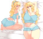  1girl armpits arms_behind_head ass barefoot bed_sheet blind blonde_hair blue_eyes blue_pajamas blush breasts collage commentary curvy english_commentary full_body hair_down hair_ornament hair_scrunchie huge_breasts katawa_shoujo kneeling long_hair looking_at_viewer lying midriff on_back on_bed pajamas ponytail rtil satou_lilly scrunchie short_shorts shorts smile soles solo strap_slip thick_thighs thigh_gap thighs toes 