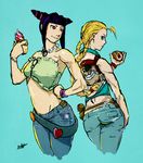  absurdres ahoge ass back-to-back belt black_hair blonde_hair bracelet braid cameo cammy_white casual denim dhalsim drill_hair eganto food from_behind han_juri hand_on_hip highres hot_dog ice_cream jeans jewelry long_hair midriff multiple_girls no_hat no_headwear pants purple_eyes street_fighter toned twin_braids twin_drills vega 