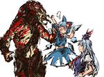  anger_vein blue_hair bow cirno collar_grab crossover hair_bow hat height_difference highres ice ice_wings kamishirasawa_keine lifting_person multiple_girls nameo_(judgemasterkou) predator predator_(movie) red_eyes tokin_hat touhou wings 