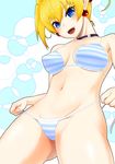 arcana_heart bikini blonde_hair blue_eyes breasts fangs lilica_felchenerow looking_at_viewer looking_down medium_breasts navel pointy_ears short_hair smile solo striped striped_bikini swimsuit tomatto_(@ma!) twintails 