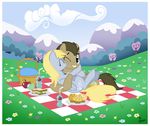 apple basket blonde_hair blue_eyes bottle brown_hair cloud couple cutie_mark derpy_hooves_(mlp) doctor_whooves_(mlp) duo equine female flower food friendship_is_magic fruit grass hair horse hug kissing lying male mammal mountain muffin my_little_pony one_eye_closed pegasus picnic plate pony sandwich_(food) sky smile straw thephoebster tree wings 