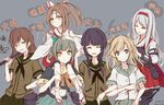  ^_^ abukuma_(kantai_collection) bangs berukko black_hair blonde_hair blue_eyes brown_hair carrying character_name closed_eyes green_hair hachimaki hair_ribbon hairband hand_in_pocket headband kantai_collection kitakami_(kantai_collection) long_hair looking_at_viewer multiple_girls muneate navel ooi_(kantai_collection) open_mouth ponytail ribbon rod salute sandals school_uniform serafuku shoukaku_(kantai_collection) shoulder_carry silver_hair skirt smile squiggle translated yellow_eyes yuubari_(kantai_collection) zuihou_(kantai_collection) 