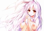  absurdres animal_ears breasts bunny_ears hands_together highres ke-ta large_breasts long_hair nipples nude open_mouth purple_hair red_eyes reisen_udongein_inaba scan simple_background solo tareme touhou upper_body white_background 