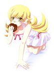  bare_shoulders blonde_hair blush_stickers doughnut dress food long_hair monogatari_(series) oshino_shinobu pointy_ears silky_(silky_alice) solo yellow_eyes 