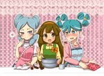  apron aqua_eyes aqua_hair beta_(inazuma_eleven) blue_hair blush brown_eyes brown_hair chocolate hairband heart inazuma_eleven inazuma_eleven_(series) inazuma_eleven_go inazuma_eleven_go_chrono_stone long_hair maron_(quintet_colors) measuring_cup mixing_bowl multiple_girls nanobana_kinako no_pupils open_mouth orange_hairband purple_eyes smile spoken_heart sumeragi_maki 