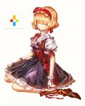  alice_margatroid banned_artist blonde_hair blue_eyes boots fingerless_gloves full_body gloves hairband kozou_(soumuden) looking_at_viewer ribbon short_hair sitting skirt solo touhou wariza white_background 