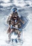  armor bustier flail fur helmet highres jessica_louvier league_of_legends leather sejuani shield snow snowing solo weapon 