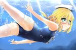  blonde_hair blush covered_navel glasses hat highres i-8_(kantai_collection) kantai_collection long_hair looking_at_viewer one-piece_swimsuit red-framed_eyewear school_swimsuit solo swimming swimsuit thighhighs toichi underwater white_legwear 