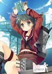  blush cannon crane fubuki_(kantai_collection) green_eyes green_hair highres kantai_collection machinery masaki_kei midriff mogami_(kantai_collection) navel school_uniform seaplane serafuku short_hair shorts silhouette turret 