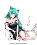  ahri alternate_eye_color alternate_hair_color animal_ears bare_shoulders blue_eyes blue_hair blush breasts cleavage dress elbow_gloves facial_mark fox_ears fox_tail gloves large_breasts league_of_legends long_hair multiple_tails off_shoulder relaxjon short_dress smile solo tail whisker_markings 