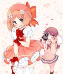  2girls :d alternate_costume blush bow camcorder cardcaptor_sakura cosplay embarrassed flower gloves green_eyes hair_flower hair_ornament hair_ribbon hand_on_own_cheek hat heart kinomoto_sakura kinomoto_sakura_(cosplay) long_hair multiple_girls necktie open_mouth orange_hair pink_hat red_eyes red_hair ribbon sakura_trick school_uniform skirt smile sonoda_yuu sweater takayama_haruka tarabagani video_camera wavy_mouth white_gloves wings yuri 