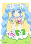  alternate_form bad_id bad_pixiv_id blue_eyes blue_hair bow cu-sith cure_princess earrings flower green_skirt hair_flower hair_ornament happinesscharge_precure! heart highres jewelry long_hair macadamia_hula_dance magical_girl precure shirayuki_hime skirt smile solo twintails yellow_background 