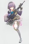  armband asato_miyo assault_rifle bag binoculars black_legwear full_body fuyuno_haruaki gloves gun headset highres holster knee_pads legs little_armory load_bearing_vest m4_carbine purple_eyes purple_hair rifle school_uniform short_hair socks solo thigh_holster weapon 