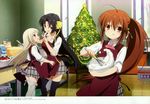  absurdres apron black_hair blonde_hair blue_eyes bowl brown_hair christmas_tree feeding hair_ribbon highres kurugaya_yuiko little_busters! long_hair multiple_girls natsume_rin noumi_kudryavka official_art ponytail purple_eyes red_eyes ribbon school_uniform shibata_chisa sleeves_folded_up thighhighs whisk 