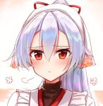  1girl :&lt; black_undershirt blush commentary_request fate/grand_order fate_(series) hair_between_eyes head_scarf kappougi long_hair o_h_miona ponytail red_eyes silver_hair solo tenugui tomoe_gozen_(fate/grand_order) turtleneck 