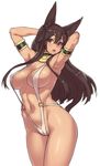  animal_ears anubis_(houtengeki) armlet armpits arms_up blush breasts brown_hair covered_nipples egyptian_mythology highres houtengeki large_breasts long_hair looking_at_viewer navel o-ring o-ring_swimsuit open_mouth original red_eyes simple_background slingshot_swimsuit solo strap_gap swimsuit usekh_collar white_background 