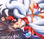  ahri animal_ears artist_name bad_id bad_pixiv_id black_hair breasts character_name cleavage copyright_name detached_sleeves facial_mark fox_ears fox_tail hair_spread_out large_breasts league_of_legends long_hair lying multiple_tails on_back orb ranken smile solo tail whisker_markings yellow_eyes 