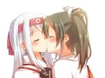  armor black_hair blush closed_eyes hair_ribbon hairband japanese_clothes kantai_collection kiss misocha multiple_girls muneate ribbon shoukaku_(kantai_collection) twintails white_hair yuri zuikaku_(kantai_collection) 