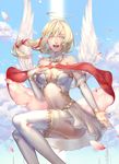  absurdres angel angel_wings bare_shoulders blonde_hair blue_eyes breasts bridal_gauntlets cloud day detached_collar earrings gloves hair_ribbon halo highres jewelry kitanorth8 long_hair looking_at_viewer medium_breasts navel open_mouth original petals ponytail ribbon skirt sky solo thighhighs white_gloves white_legwear wings 