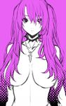  breasts choker collar hair_censor jewelry large_breasts long_hair looking_at_viewer monochrome necklace nude original purple_background purple_eyes purple_hair ran'ou_(tamago_no_kimi) simple_background solo spiked_collar spikes 
