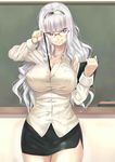  between_breasts black-framed_eyewear breasts chalkboard classroom_eraser cleavage glasses hairband idolmaster idolmaster_(classic) jpeg_artifacts large_breasts long_hair looking_at_viewer miniskirt noririn pencil_skirt pointer purple_eyes shijou_takane silver_hair skirt smile solo teacher 