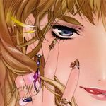  album_cover blonde_hair character_name close-up cover earrings endou_aya feathers highres jewelry lips macross macross_frontier nail_art nail_polish purple_eyes ring seiyuu_connection sheryl_nome solo tongue yellow_nails 