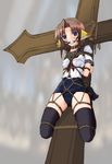  1girl animal_ears artist_request ball_gag bdsm bondage bound brown_hair character_request collar cross crucifixion female gag gagged purple_eyes rope school_uniform shibari short_hair solo source_request swimsuit tears thighhighs 
