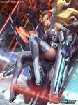  arm_cannon armor blonde_hair blue_eyes boots breasts chaos_drive ear_protection elbow_gloves gloves hairband kilart leotard lips long_hair medium_breasts official_art railgun ria_(chaos_drive) robot_ears science_fiction solo thigh_boots thighhighs weapon 