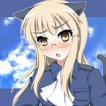  animal_ears blonde_hair blush cat_ears cat_tail fang glasses ikue_fuuji long_hair looking_at_viewer military military_uniform open_mouth perrine_h_clostermann solo strike_witches tail uniform world_witches_series yellow_eyes 