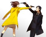  1girl black_hair brown_hair formal gun handgun i_(kaiyou) kneehighs komikado_kensuke legal_high long_coat long_hair mayuzumi_machiko mexican_standoff necktie pistol revolver short_hair suit weapon 