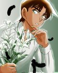  brown_hair dark_skin dark_skinned_male feathers flower green_eyes hattori_heiji highres lily_(flower) male_focus meitantei_conan open_mouth solo 