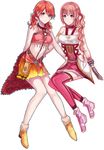  2girls final_fantasy final_fantasy_xiii final_fantasy_xiii-2 gloves karudoll midriff multiple_girls oerba_dia_vanille pink_hair red_hair serah_farron side_ponytail skirt thighhighs twintails 