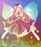 bow capelet closed_eyes dress facing_viewer fairy_wings fingernails gradient gradient_background grass hair_bow head_tilt highres long_hair nyago open_hands open_mouth outdoors pink_hair solo star star_sapphire touhou wings 