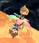  blonde_hair brown_hair closed_eyes fingerless_gloves gloves iwashi_(ankh) keyblade kingdom_hearts kingdom_hearts_birth_by_sleep male_focus multiple_boys sora_(kingdom_hearts) ventus wristband 