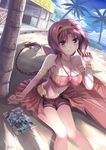  armlet beach braid breasts brown_eyes brown_hair cleavage d-frag! day hairband large_breasts long_hair magazine mystic-san shorts sitting smile solo swimsuit takao_(d-frag!) 