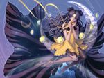  anklet bare_legs barefoot bishoujo_senshi_sailor_moon black_dress black_hair blue_eyes bow crescent dress eclosion full_body hair_bun highres jewelry long_hair luna_(sailor_moon) luna_(sailor_moon)_(human) necklace skirt solo yellow_bow yellow_skirt 