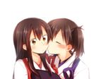  akagi_(kantai_collection) armor blush brown_eyes brown_hair closed_eyes japanese_clothes kaga_(kantai_collection) kantai_collection kiss long_hair misocha multiple_girls muneate ponytail side_ponytail simple_background tasuki white_background yuri 